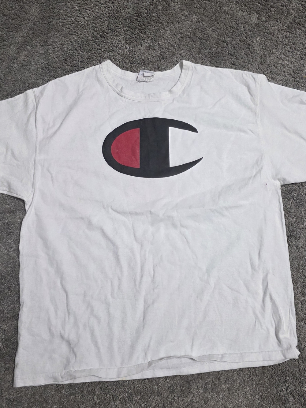 Champion White Logo Tee with Red & Black Crest